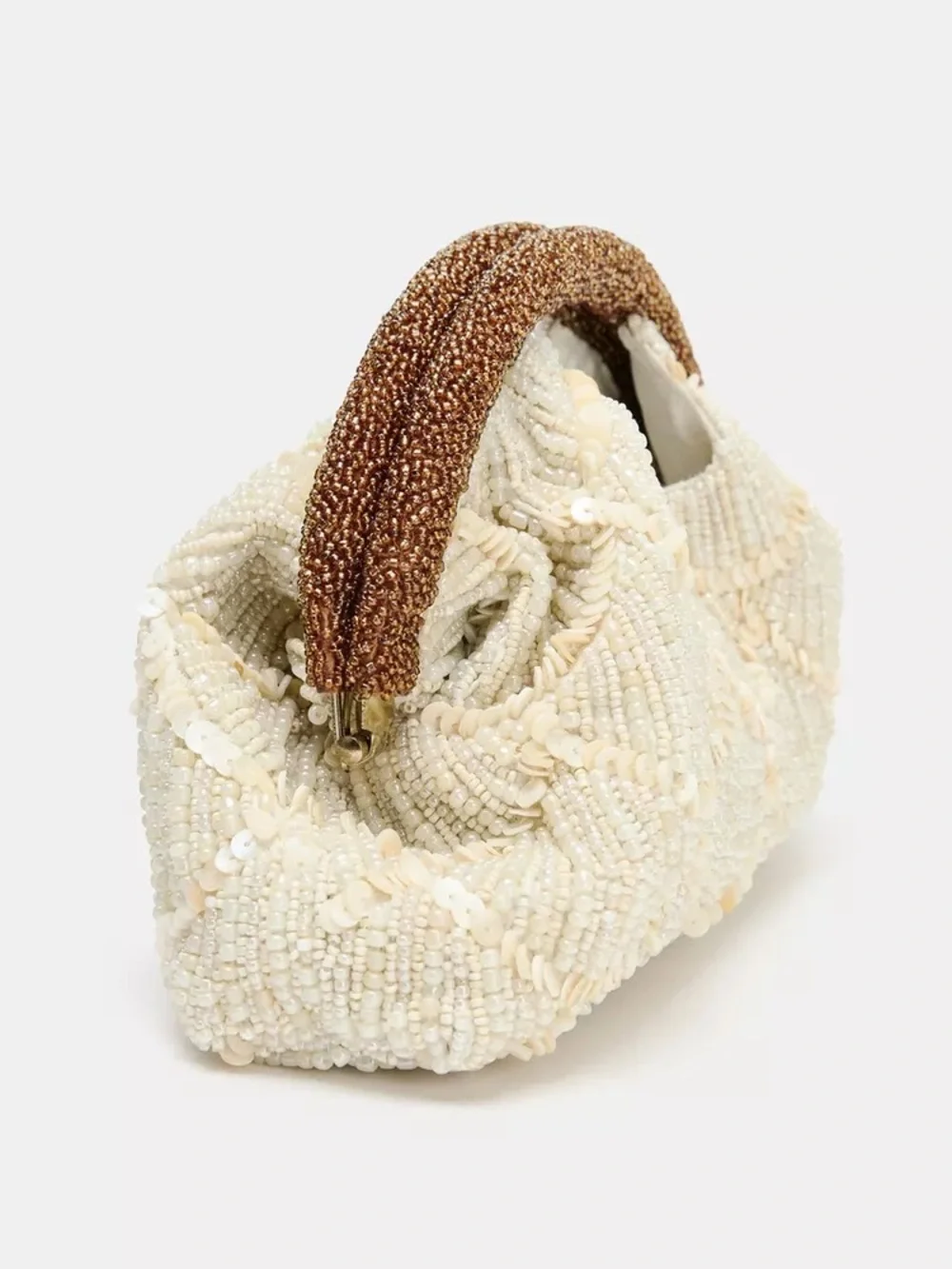 Zara Beaded Cream and Brown Top-Handle Bohemian Evening Bag